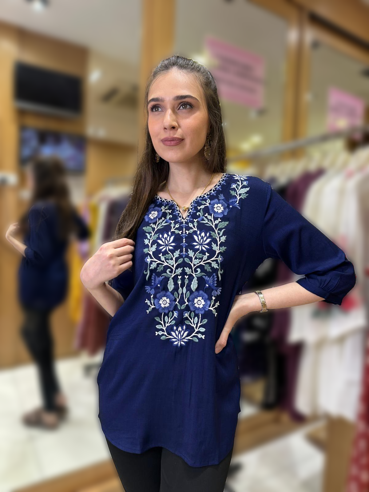 Dark Blue Floral Embroidered Tunic