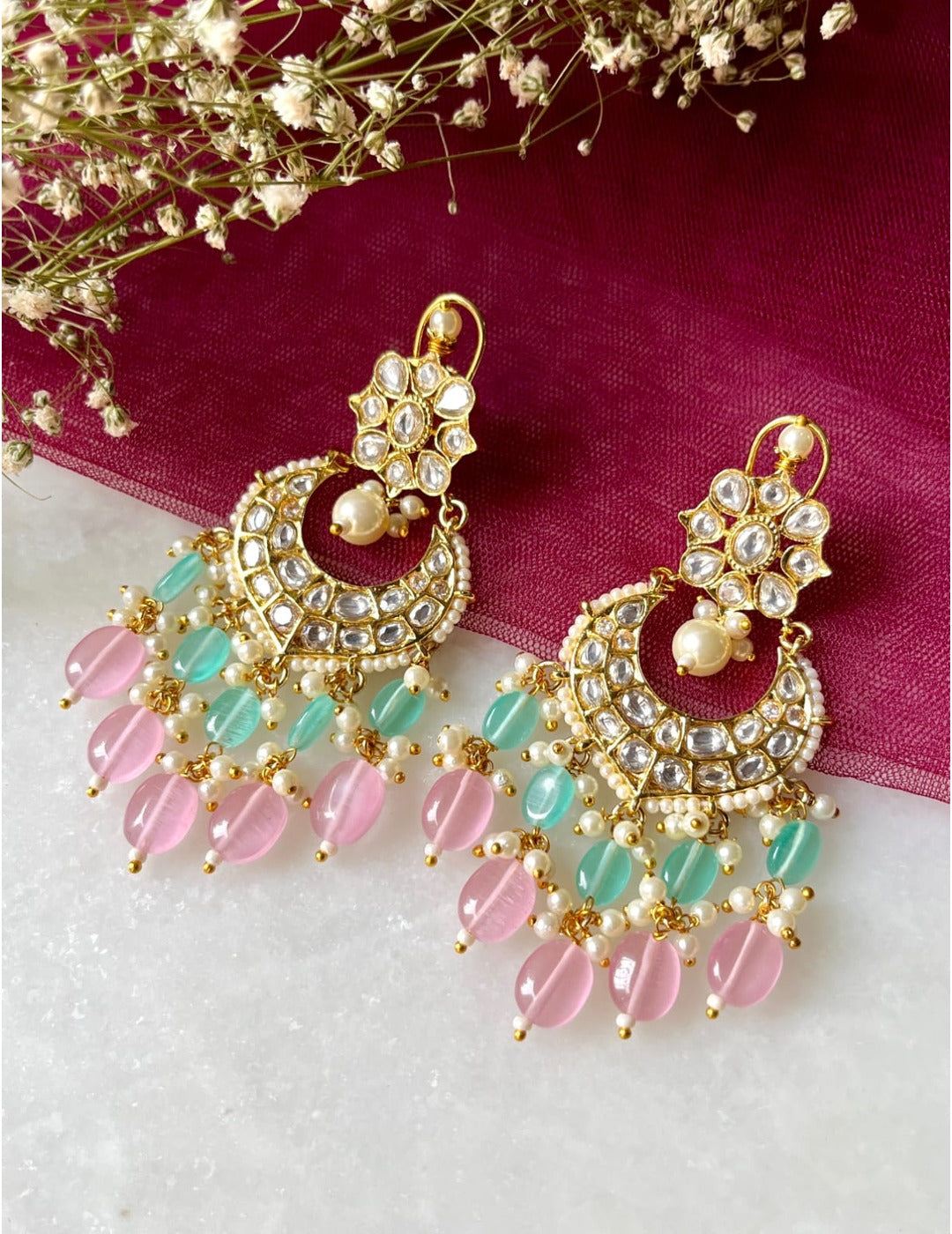 Mint & Pink Kundan Chandbali