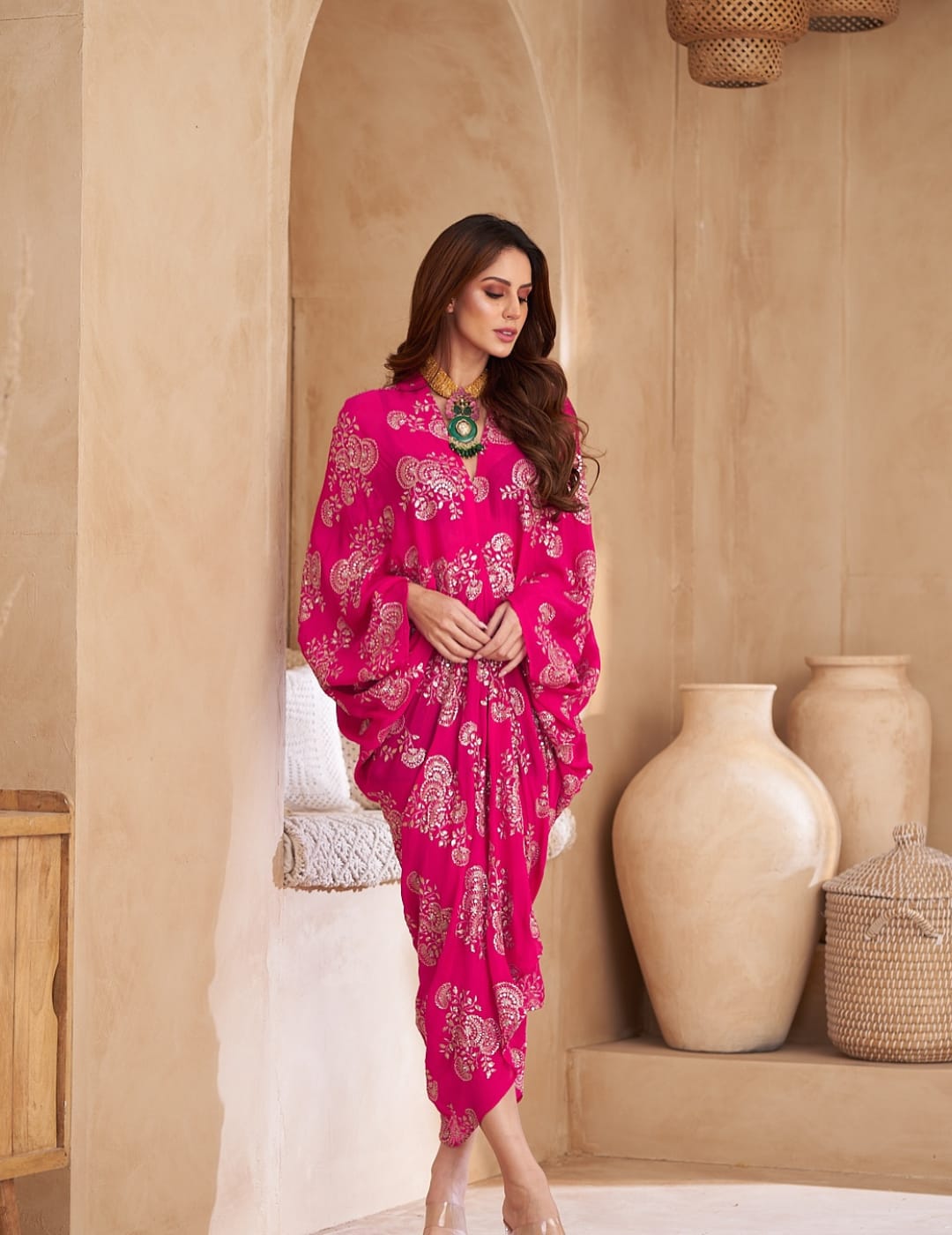 Buy Pink Chinon Embroidered Midi Dress Online in Singapore