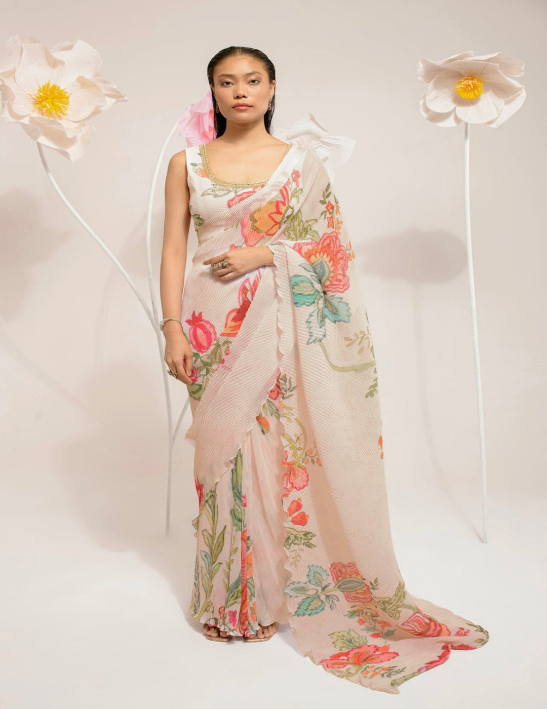Pre-Draped Ivory White Saree