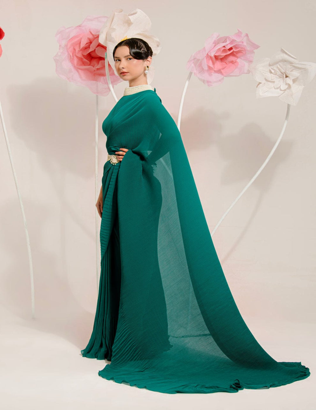 Pre-Draped Teal Green Saree
