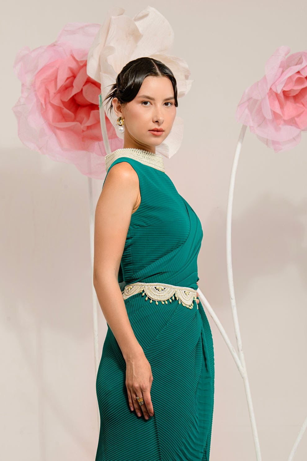 Pre-Draped Teal Green Saree