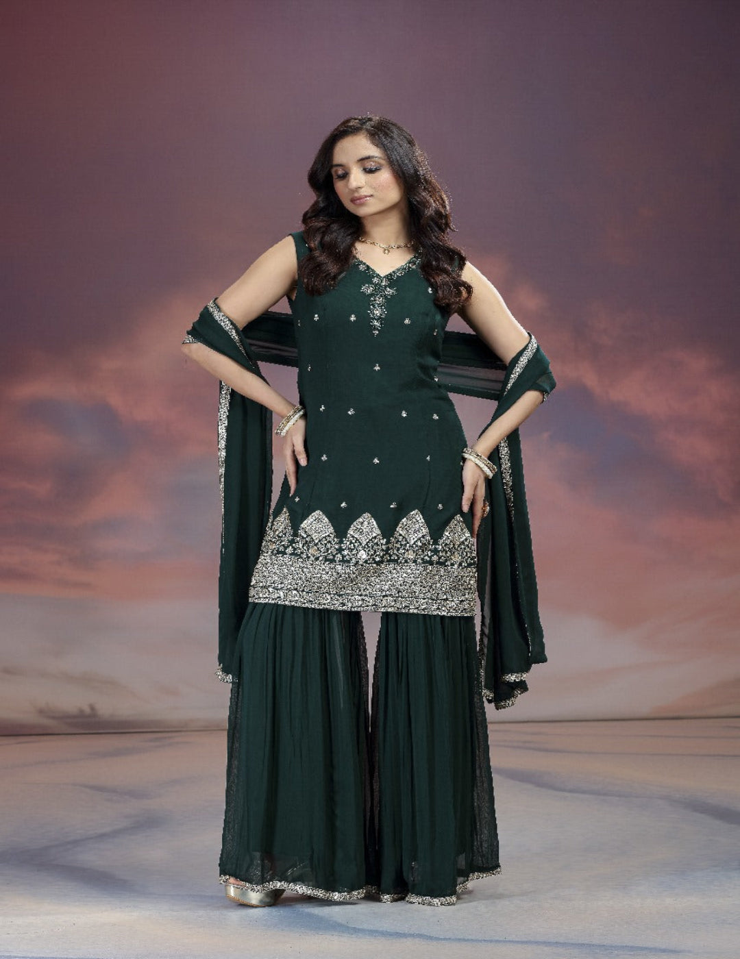 蓝色 Khadi 印花 Sharara 套装