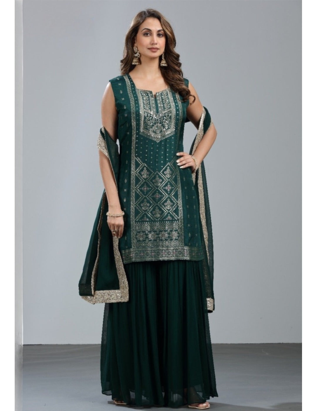 蓝色 Khadi 印花 Sharara 套装