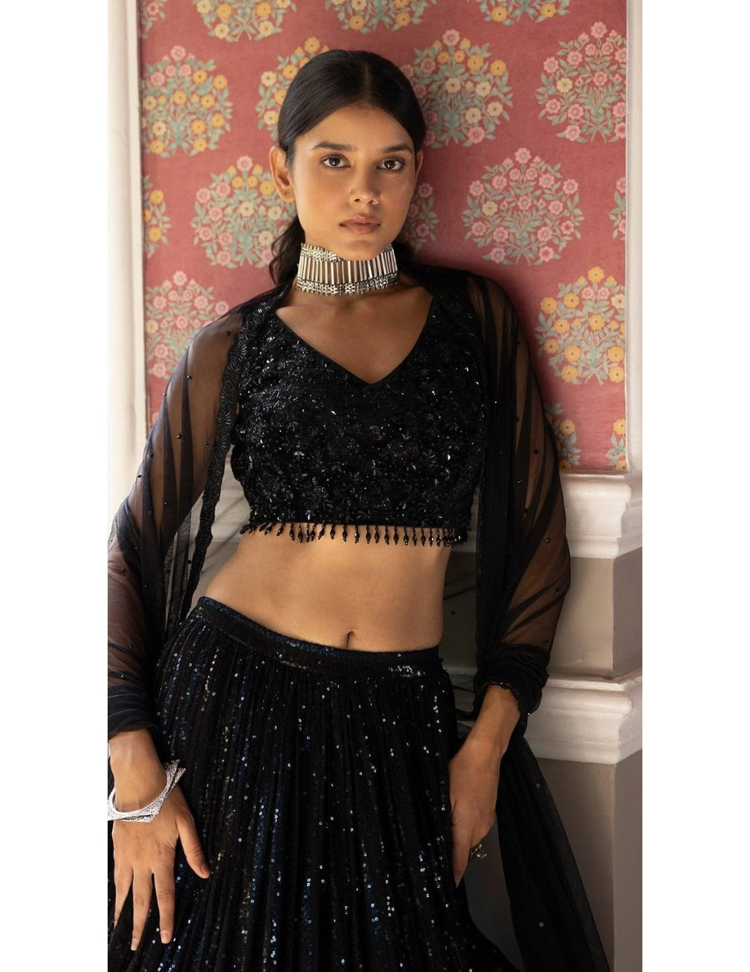 Black Sequins Lehenga With Velvet Blouse