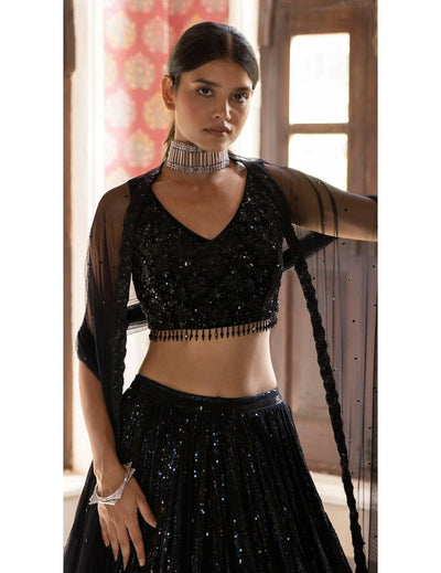 Black Sequins Lehenga With Velvet Blouse