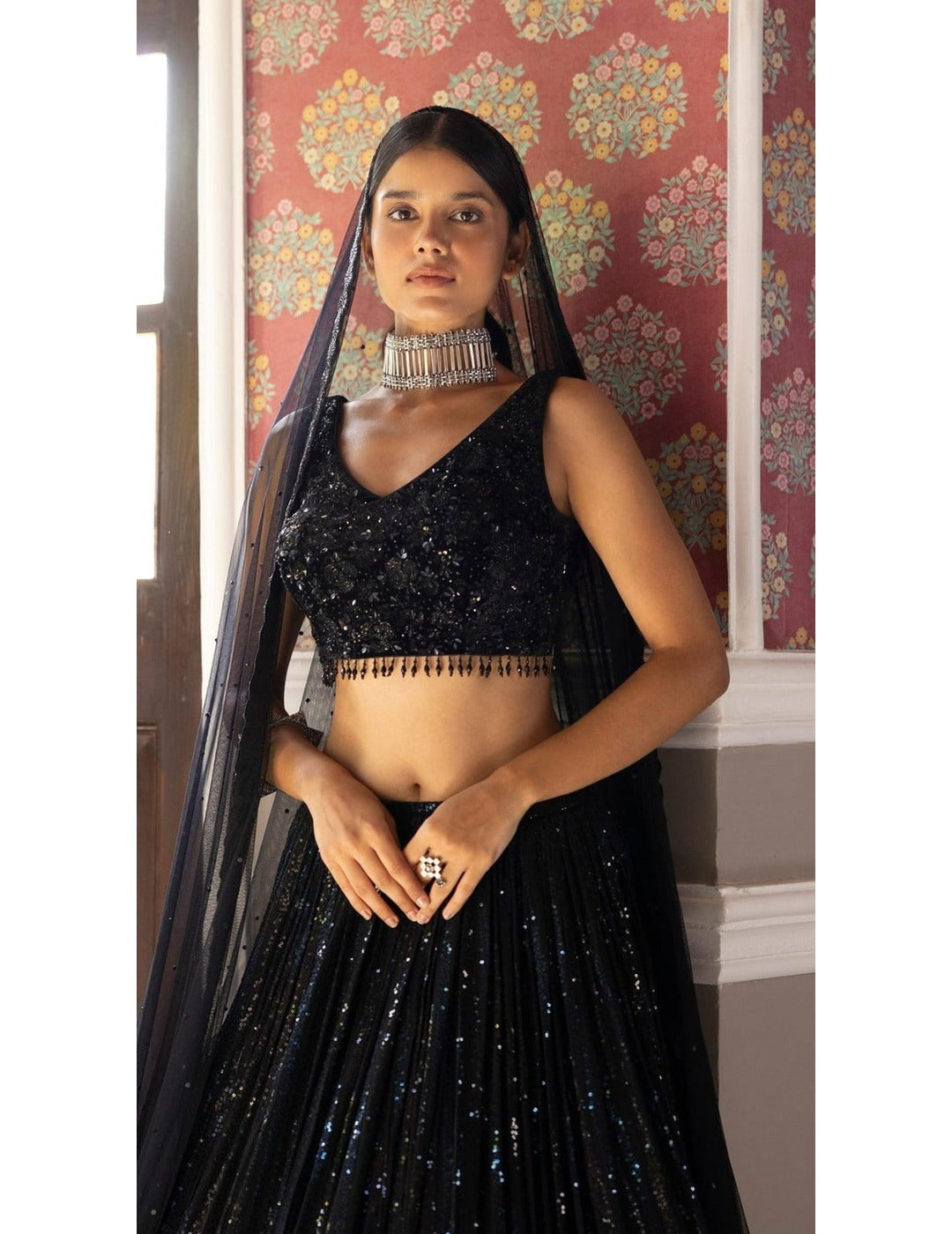 Black Sequins Lehenga With Velvet Blouse