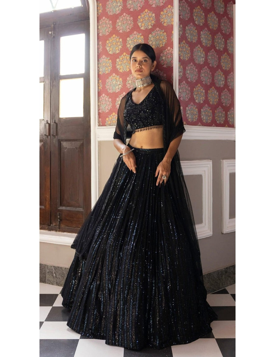 Black Sequins Lehenga With Velvet Blouse