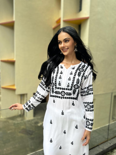 White & Black Chikankari Kurti