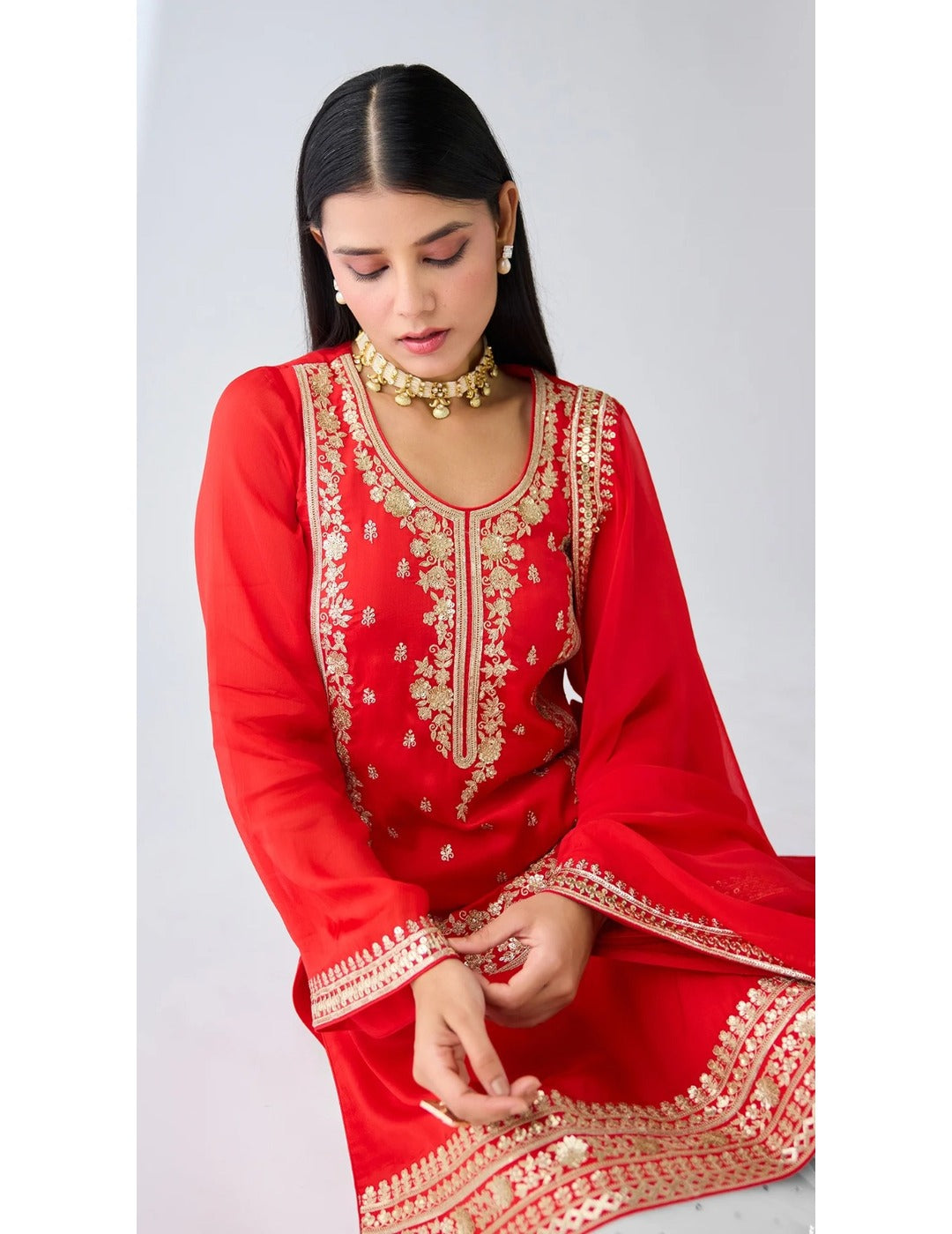 Red Zari Work Organza Sharara Set