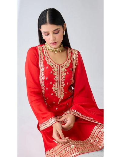 Red Zari Work Organza Sharara Set