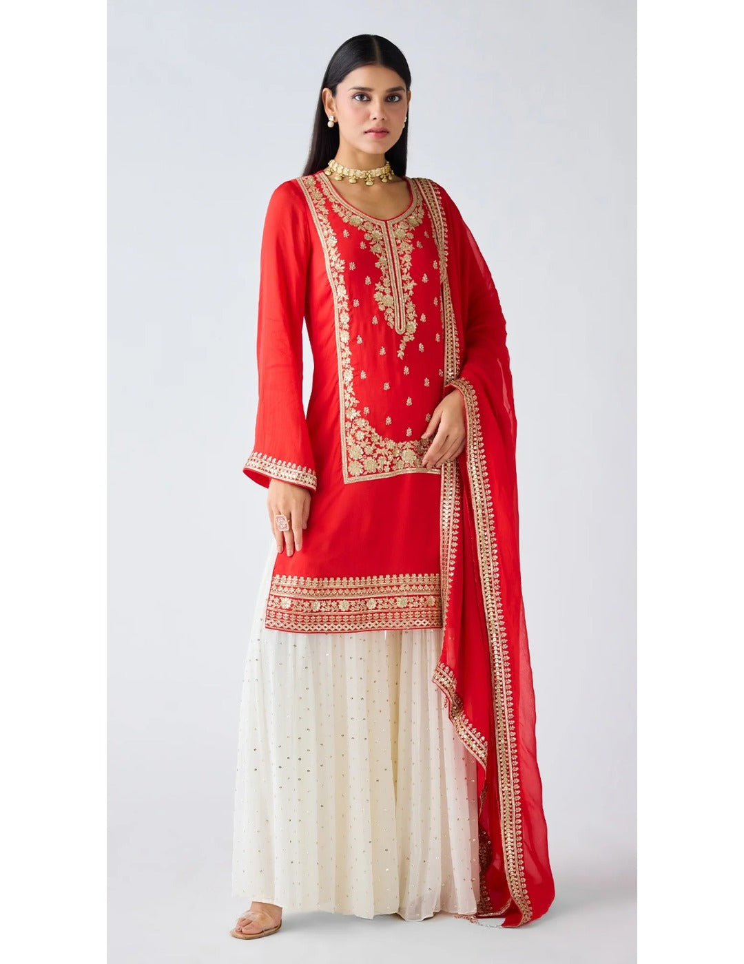 Red Zari Work Organza Sharara Set