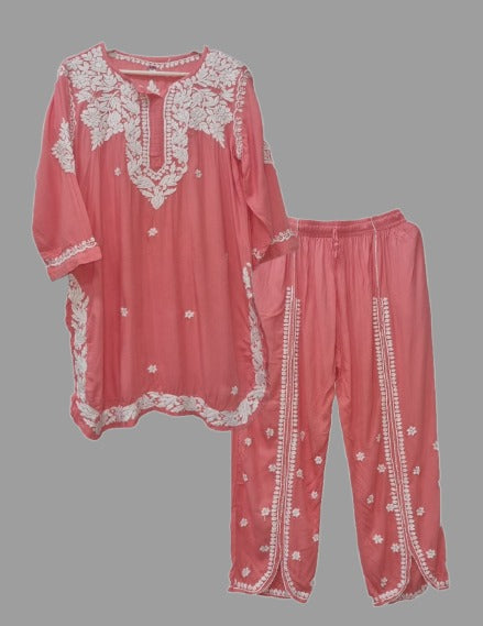 Peachy pink Modal Chikankari Set