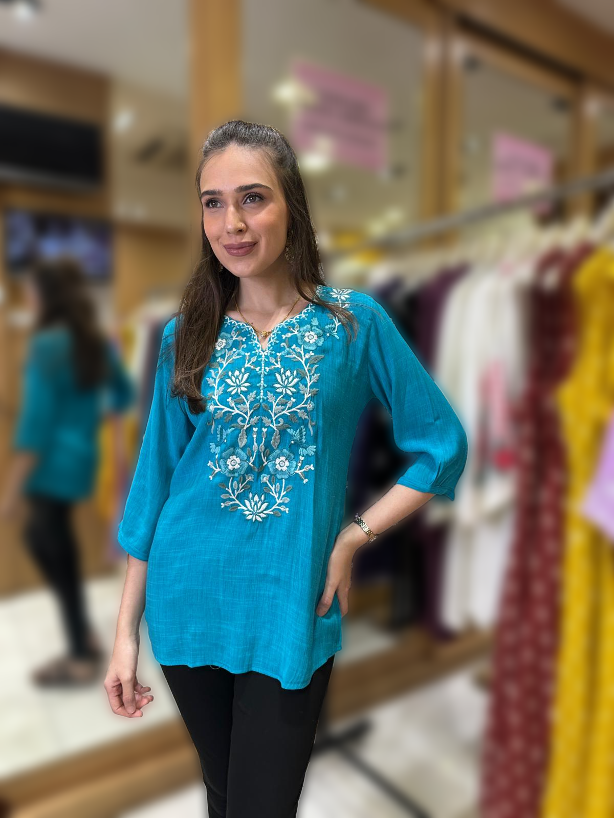 Blue Floral Embroidered Tunic