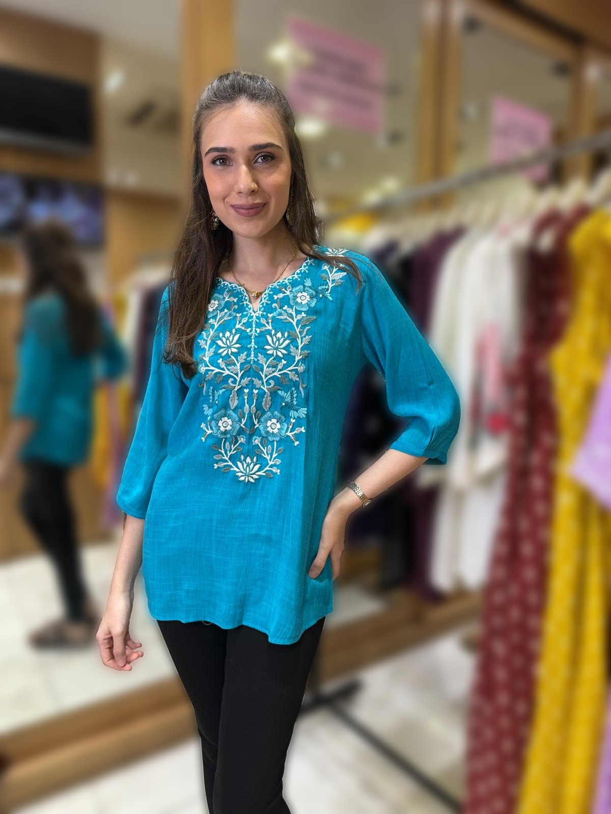 Blue Floral Embroidered Tunic