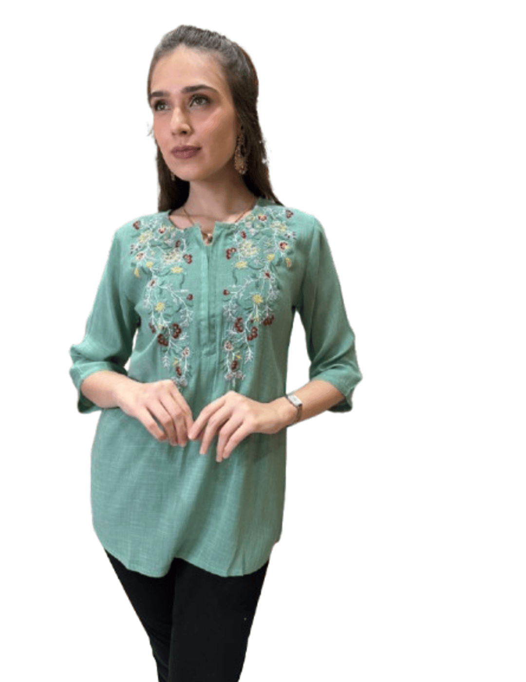 Green Floral Embroidered Tunic