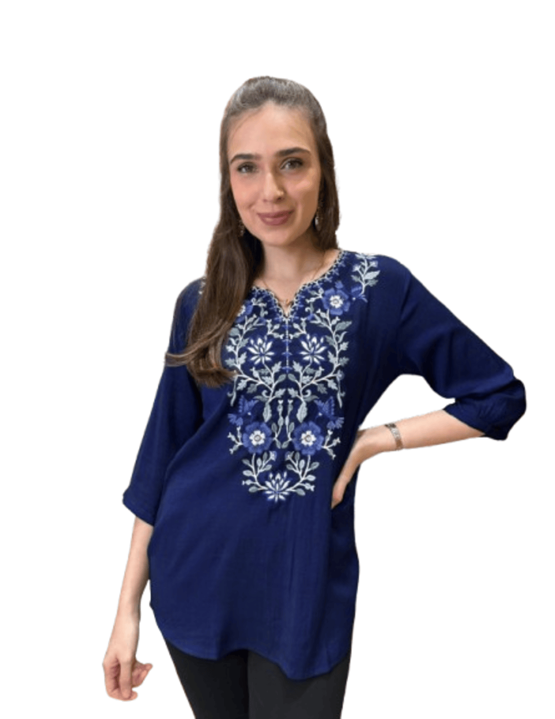 Dark Blue Floral Embroidered Tunic