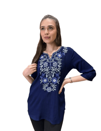 Dark Blue Floral Embroidered Tunic