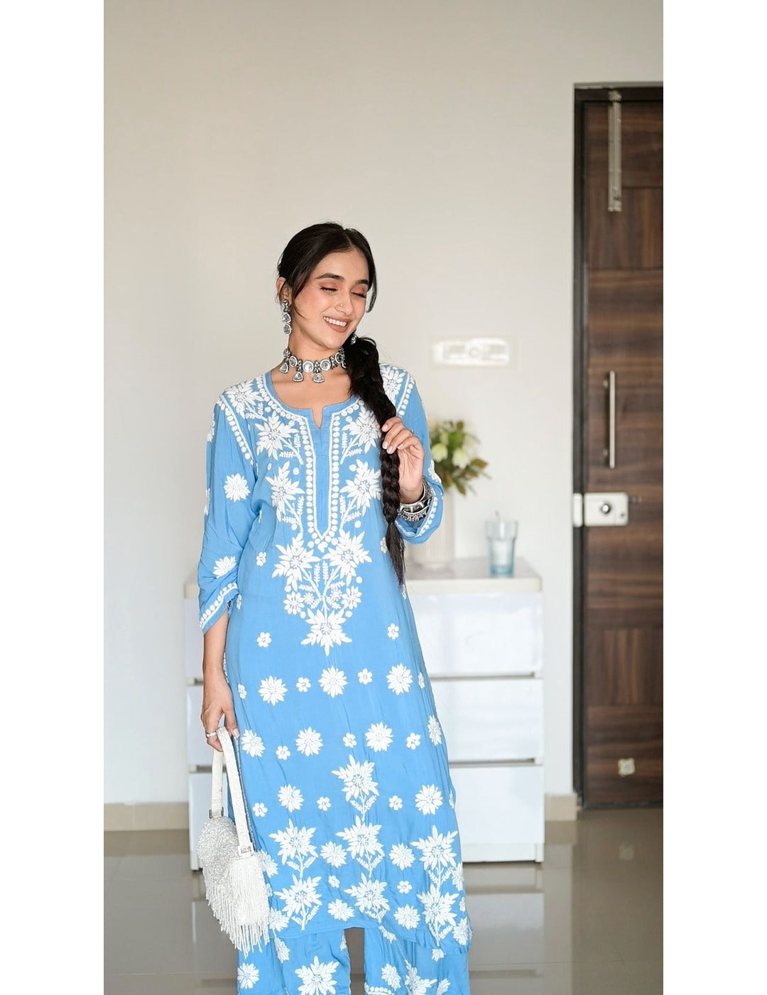 Powder Blue Chikankari Kurti Set