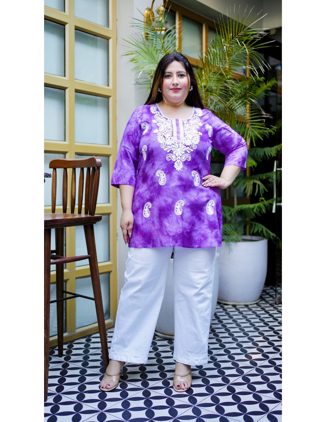 Purple Tie-Dye Chikankari Short Kurti