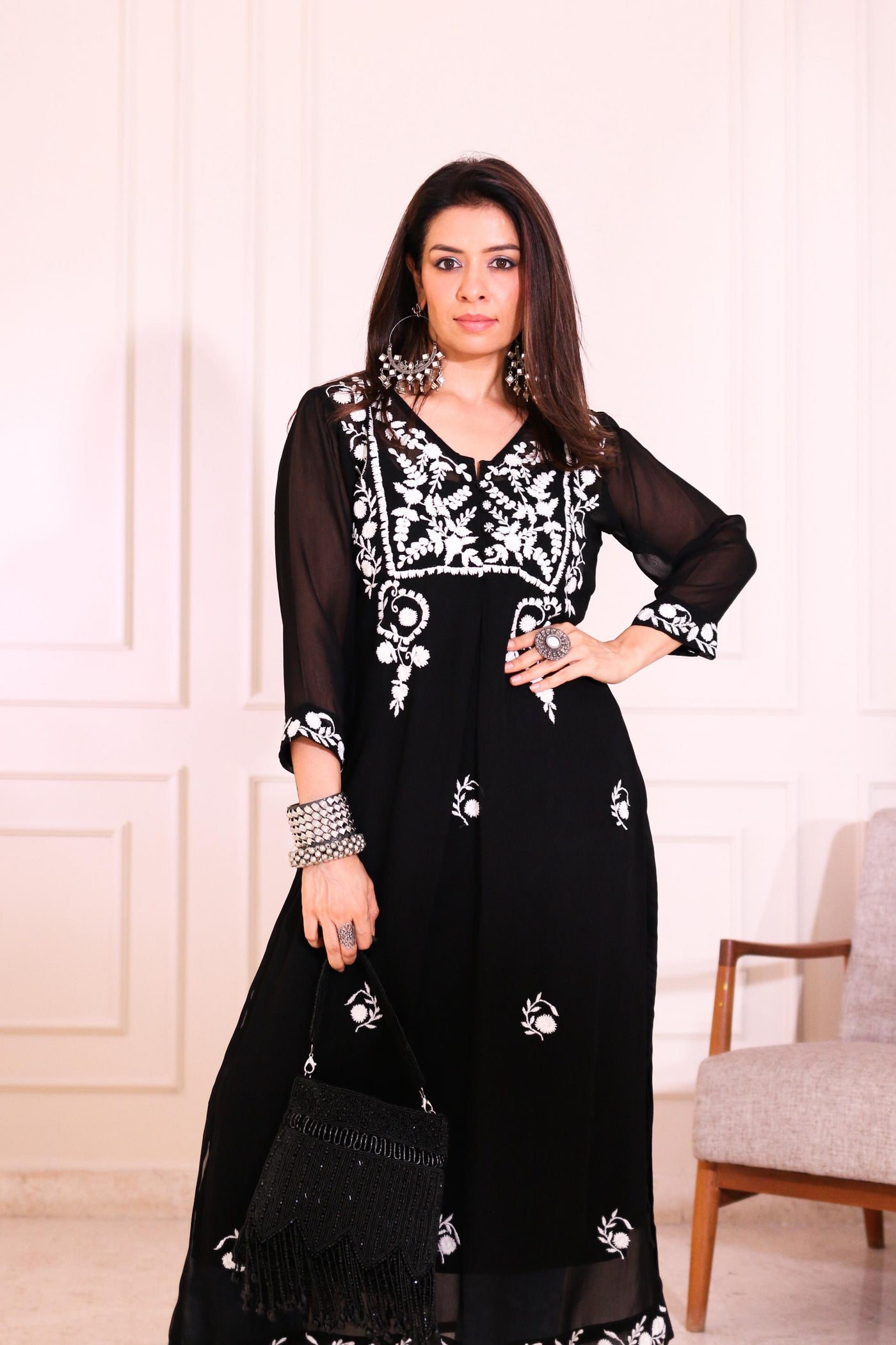 Black Chikankari Straight Kurta