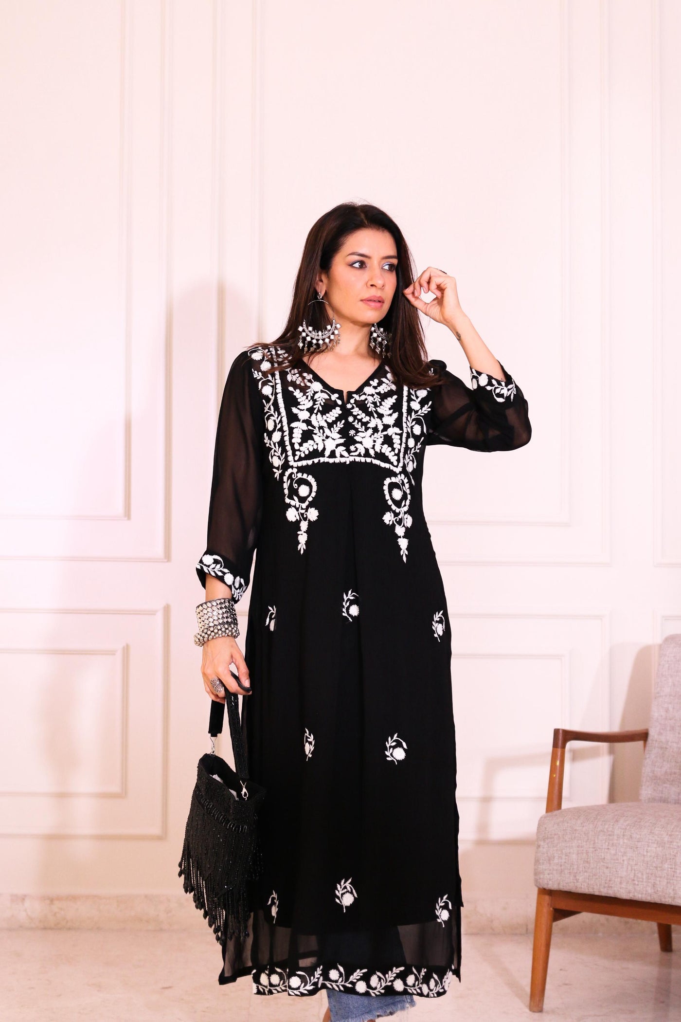 Black Chikankari Straight Kurta