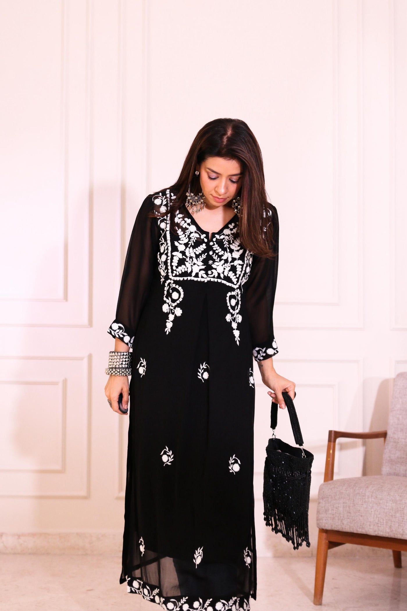 Black Chikankari Straight Kurta