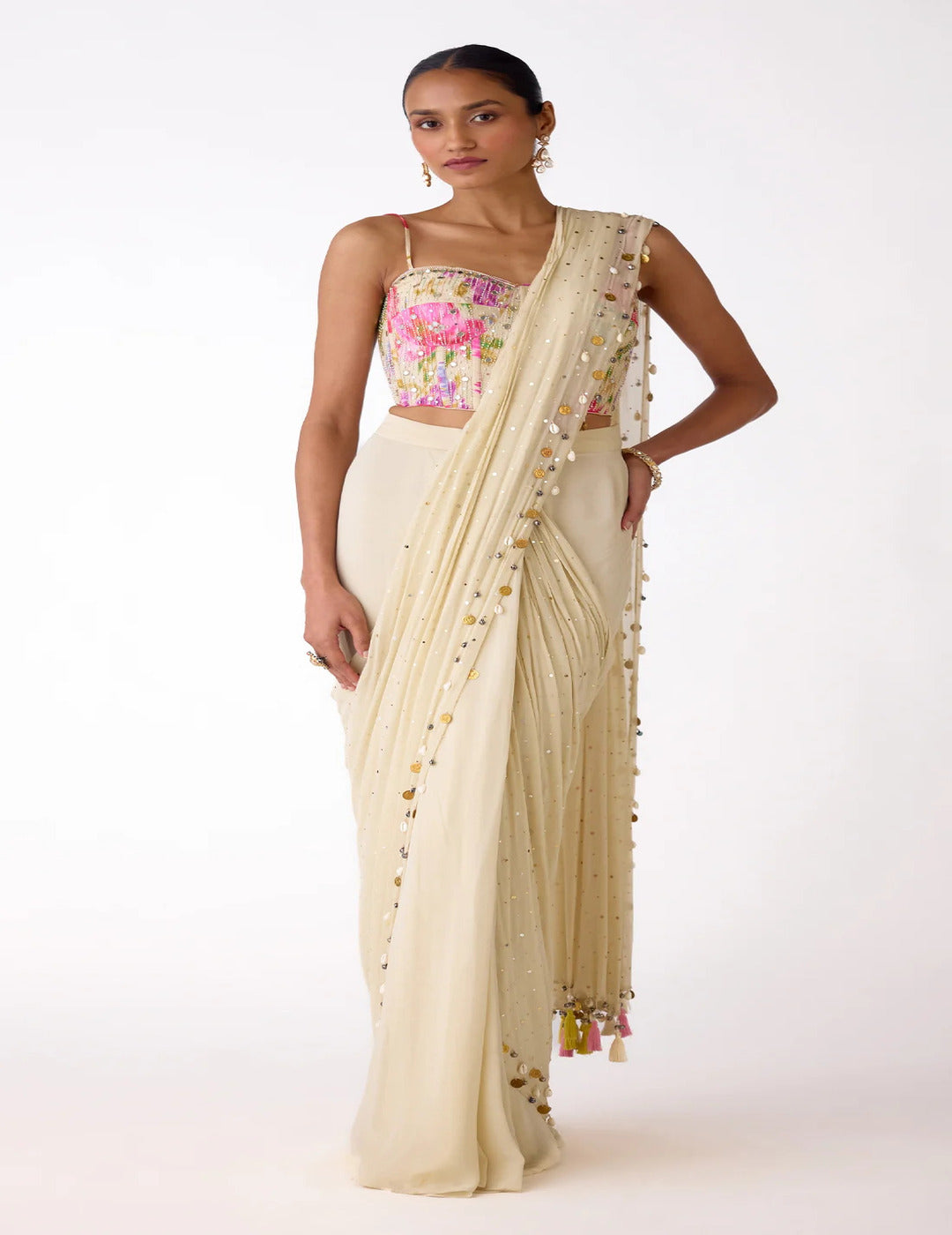White Chiffon Embroidered Saree Set