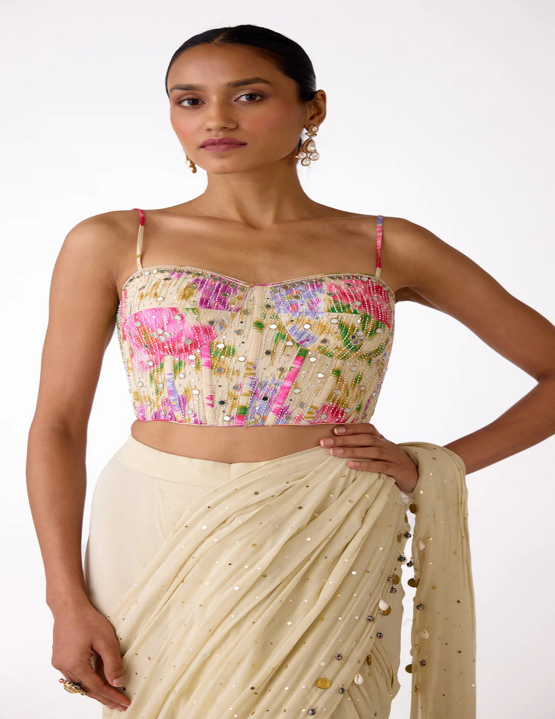 White Chiffon Embroidered Saree Set