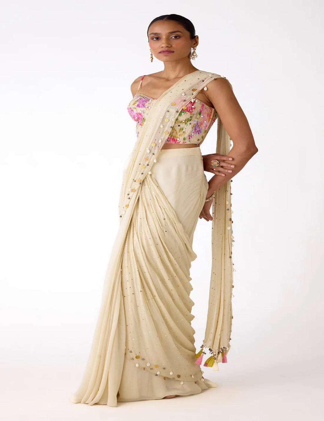 White Chiffon Embroidered Saree Set