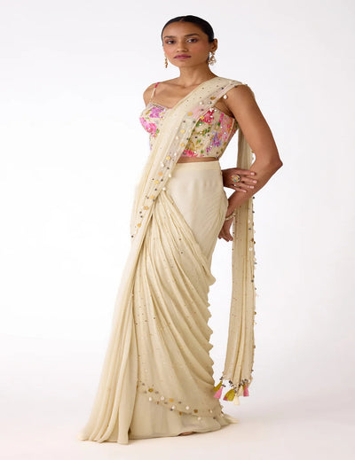 White Chiffon Embroidered Saree Set
