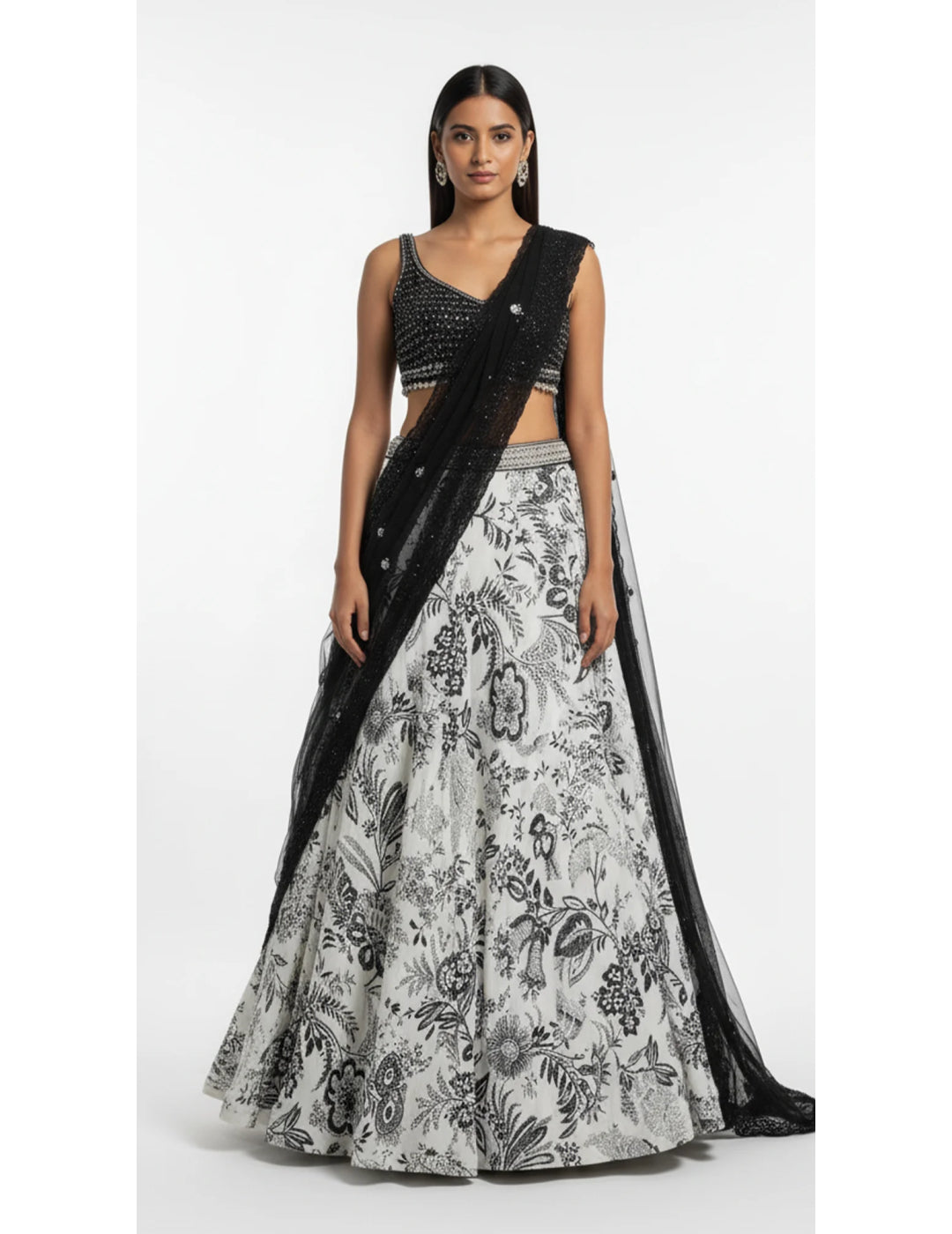 White Crepe Embroidered Lehenga Set