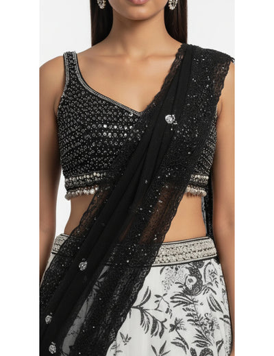 White Crepe Embroidered Lehenga Set