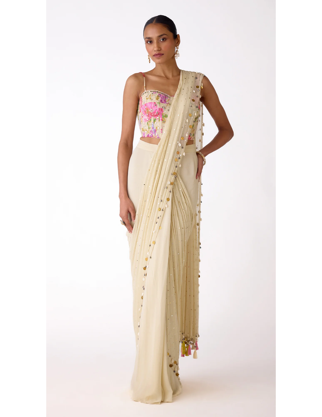 White Chiffon Embroidered Saree Set