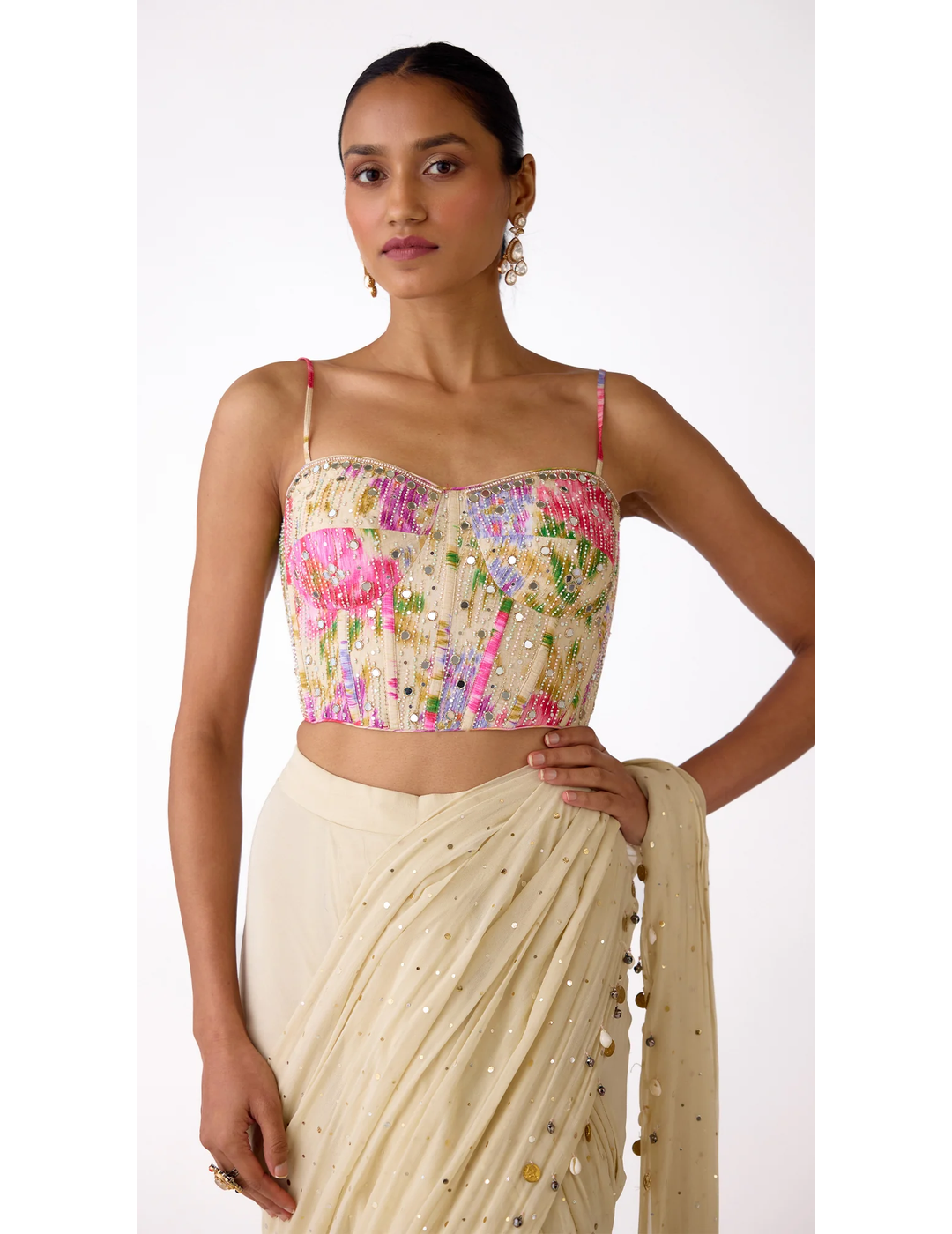 White Chiffon Embroidered Saree Set
