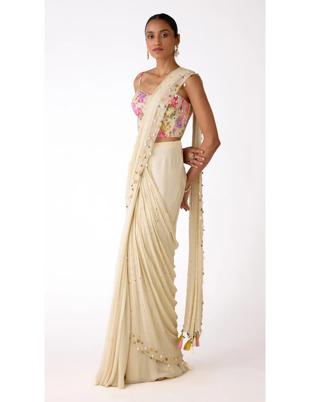 White Chiffon Embroidered Saree Set
