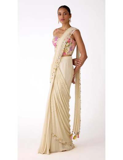 White Chiffon Embroidered Saree Set