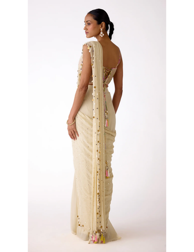 White Chiffon Embroidered Saree Set