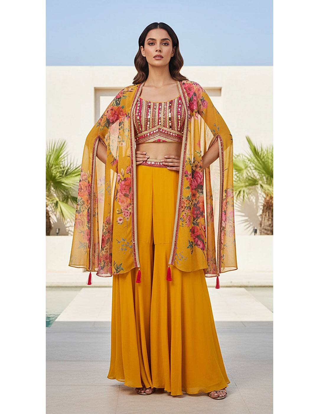 Yellow Georgette Embroidered Cape Set