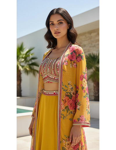 Yellow Georgette Embroidered Cape Set