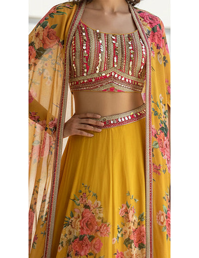 Yellow Georgette Embroidered Cape Set