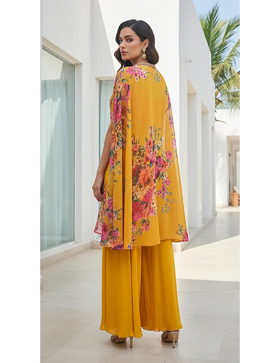 Yellow Georgette Embroidered Cape Set