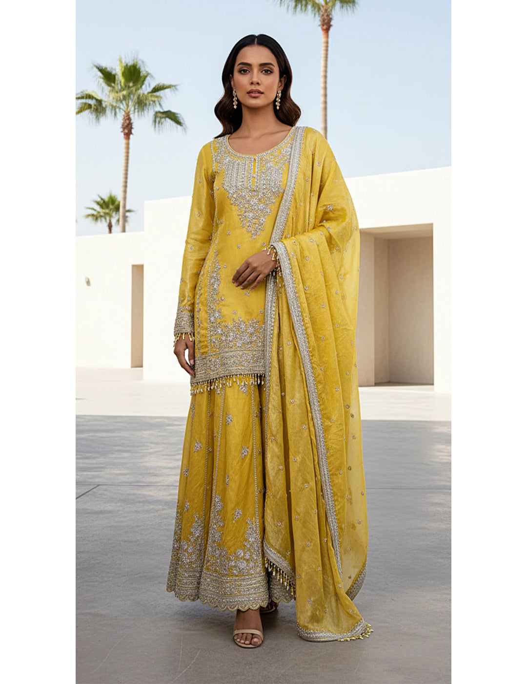 Yellow Tissue Embroidered Sharara Set