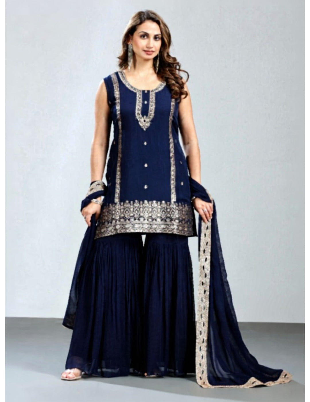 蓝色 Khadi 印花 Sharara 套装