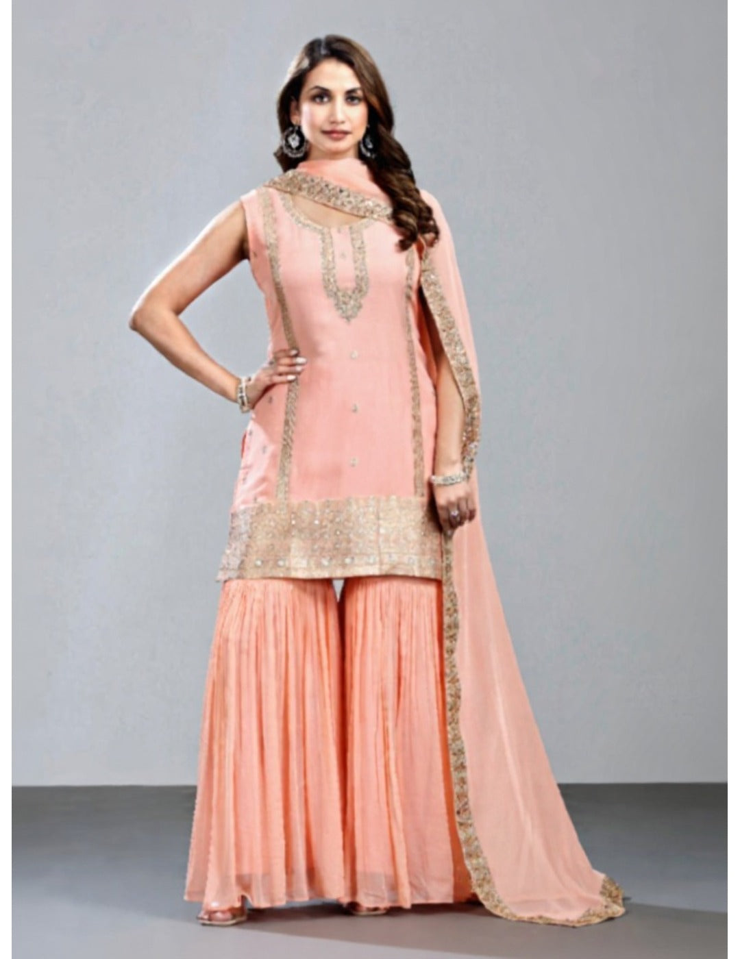 蓝色 Khadi 印花 Sharara 套装