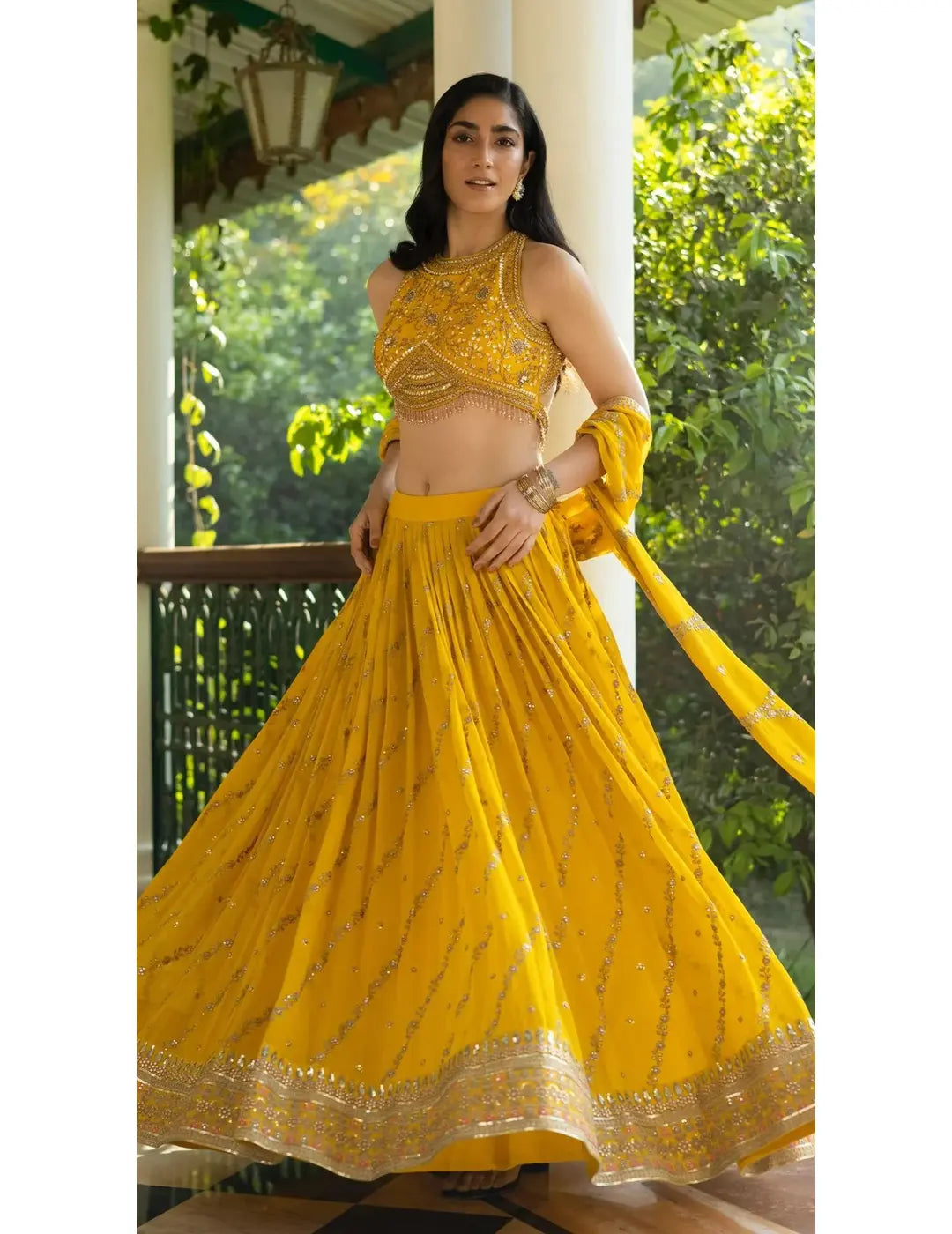 Canary yellow hand embroidered lehenga set