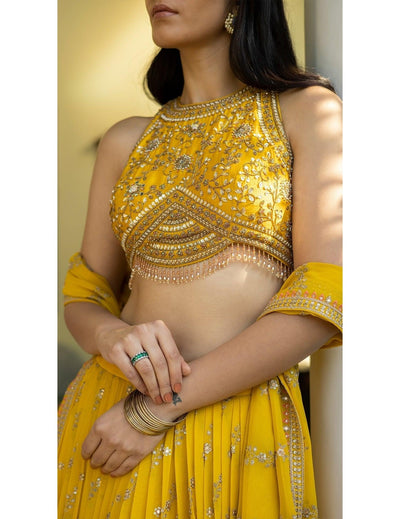 Canary yellow hand embroidered lehenga set