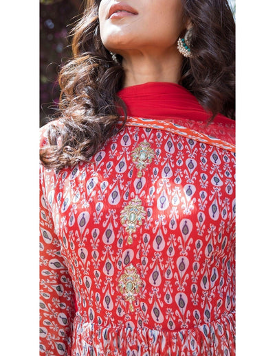 Red printed peplum sharara set