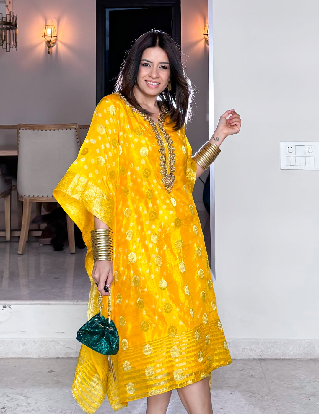 Yellow Art Silk Kaftan