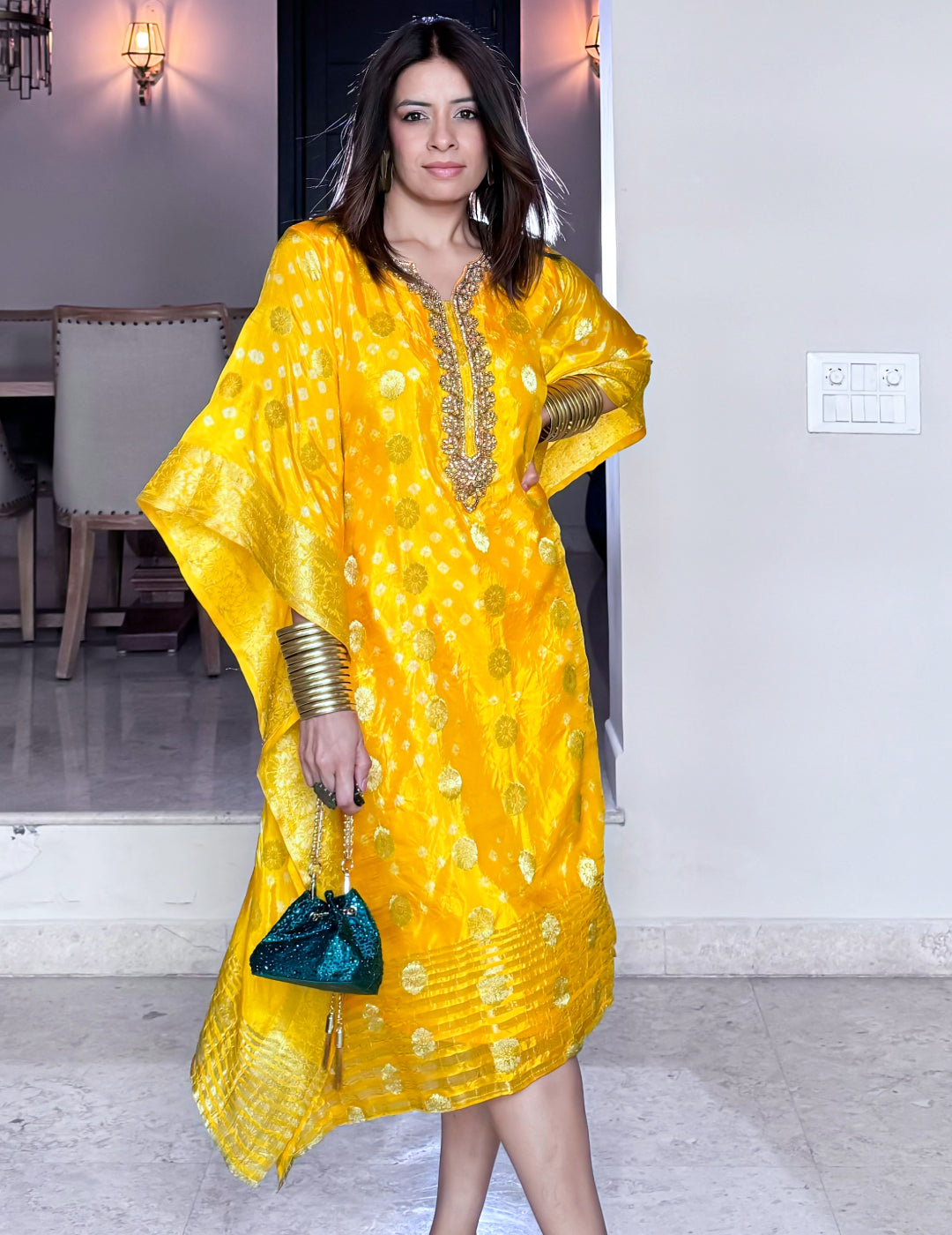 Yellow Art Silk Kaftan